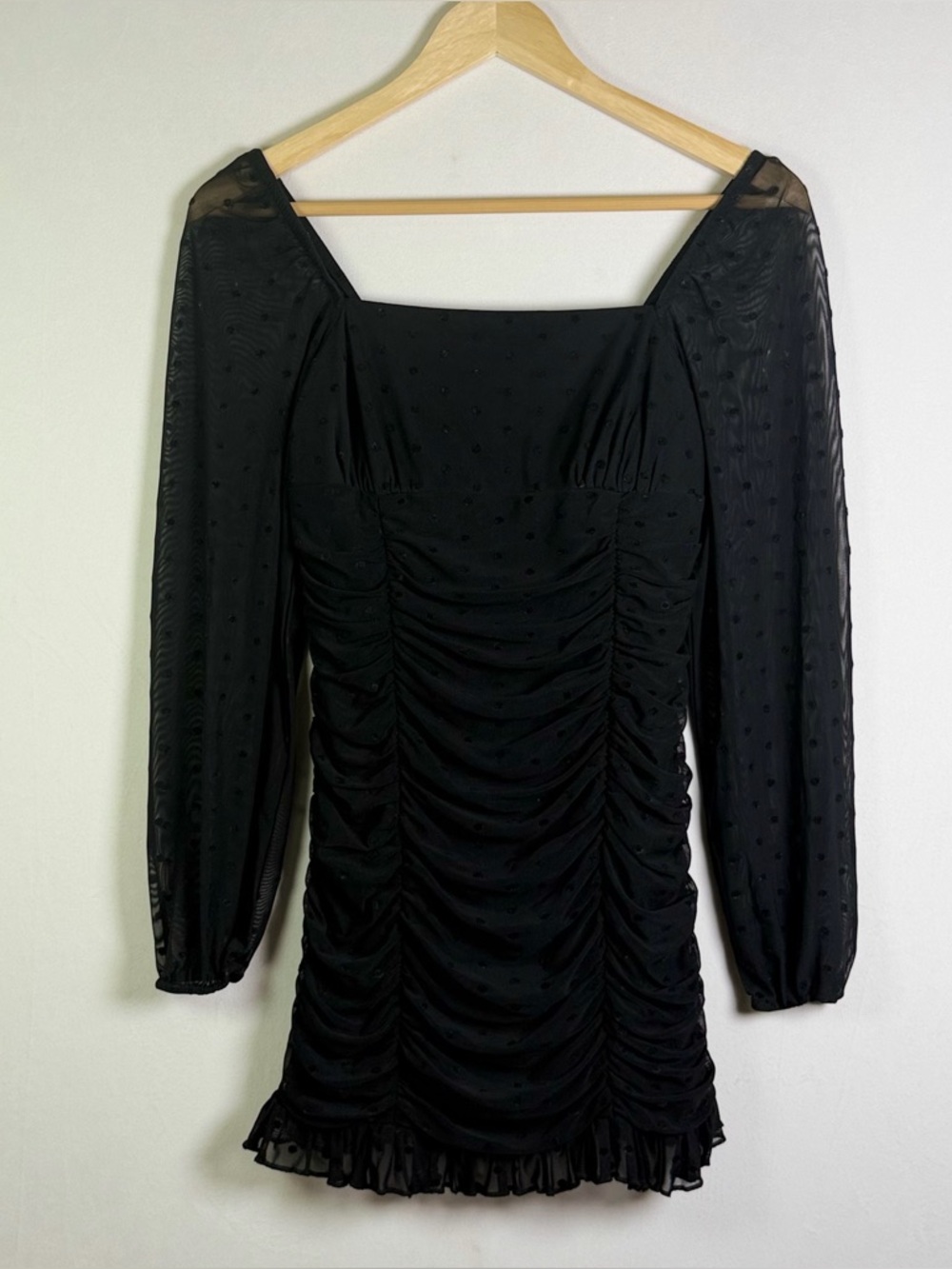 Dear Moon Womens Black Ruched Mini Dress Sz 5 Swiss Dot Coquette Y2K Bodycon - Picture 2 of 11